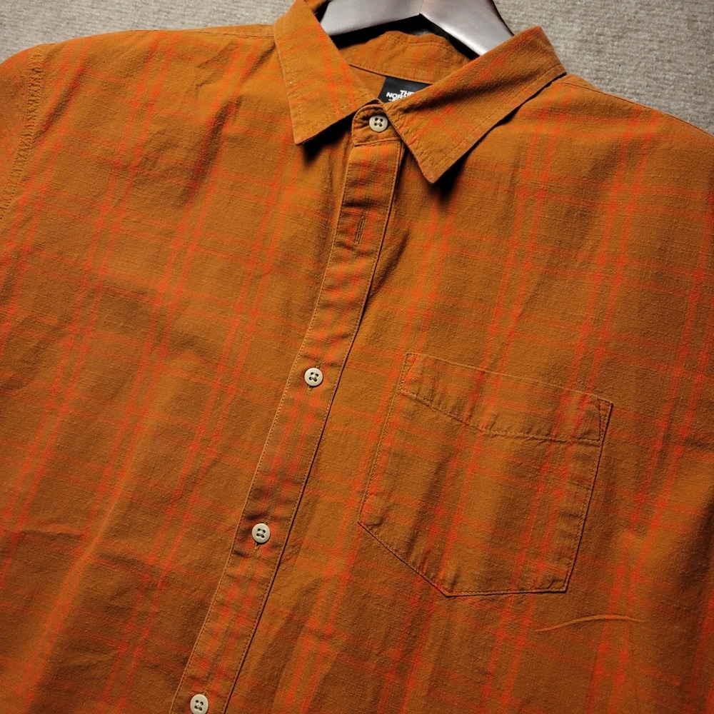 The North Face Button Down Shirt Mens XXL Orange Red Plaid Short Sleeve Hiking